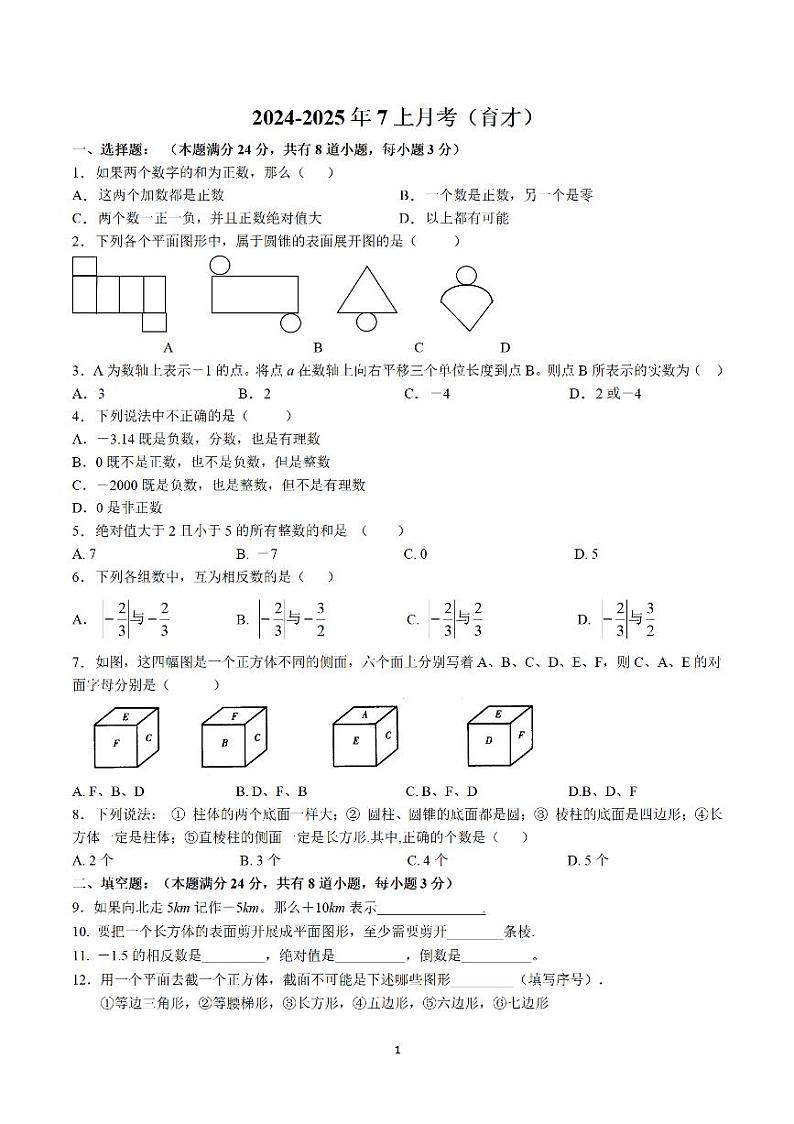 山东省青岛市育才学校2024——2025学年七年级上学期第一次月考数学试卷第1页