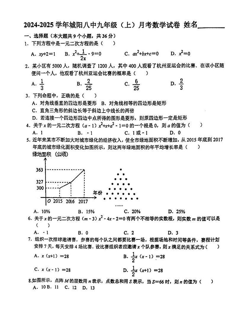 山东省青岛市城阳第八中学2024-2025学年九年级上学期10月月考数学试卷第1页