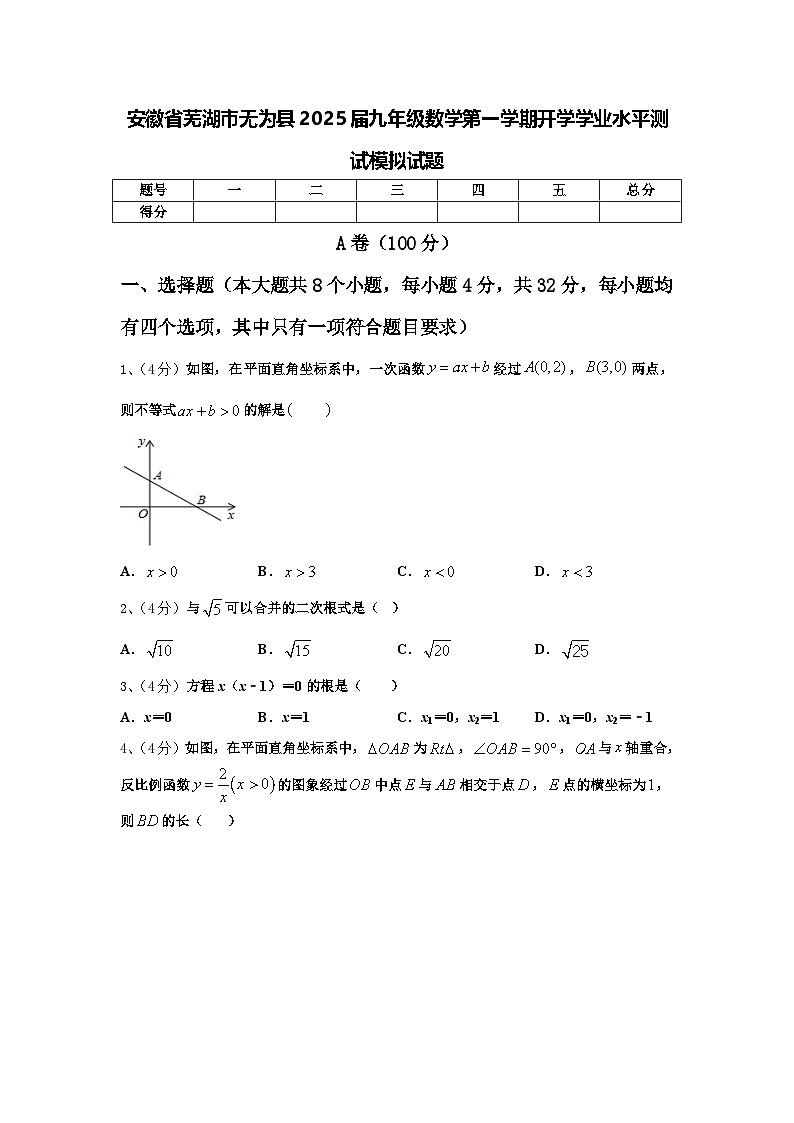 安徽省芜湖市无为县2025届九年级数学第一学期开学学业水平测试模拟试题【含答案】第1页