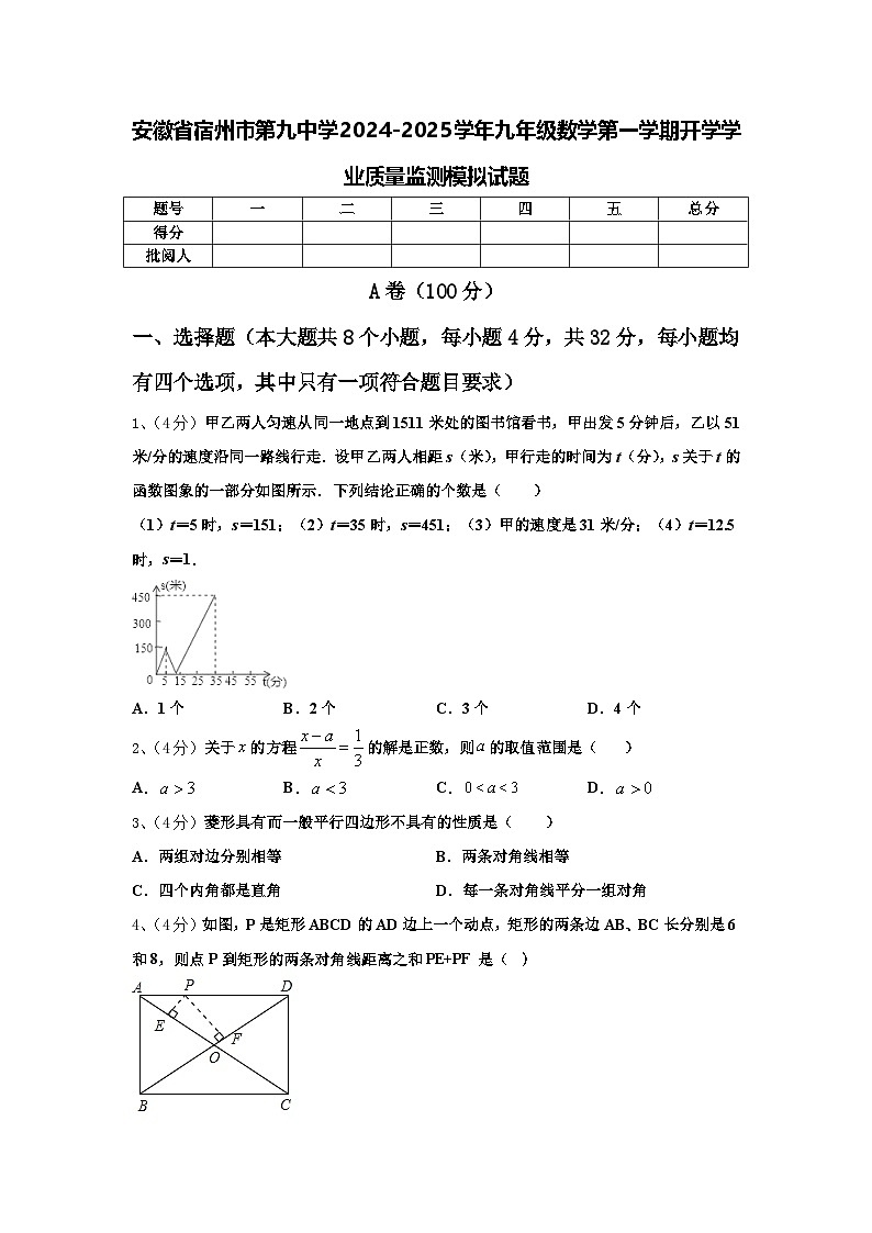 安徽省宿州市第九中学2024-2025学年九年级数学第一学期开学学业质量监测模拟试题【含答案】第1页