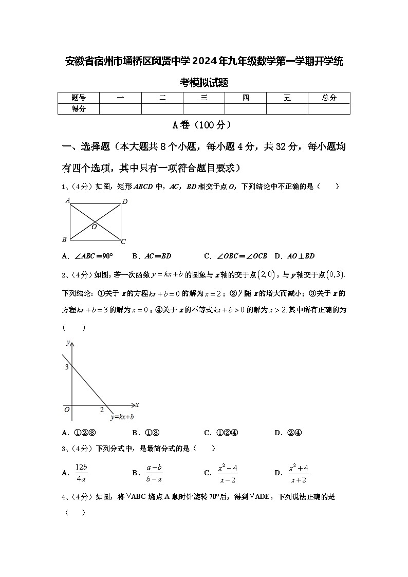 安徽省宿州市埇桥区闵贤中学2024年九年级数学第一学期开学统考模拟试题【含答案】第1页