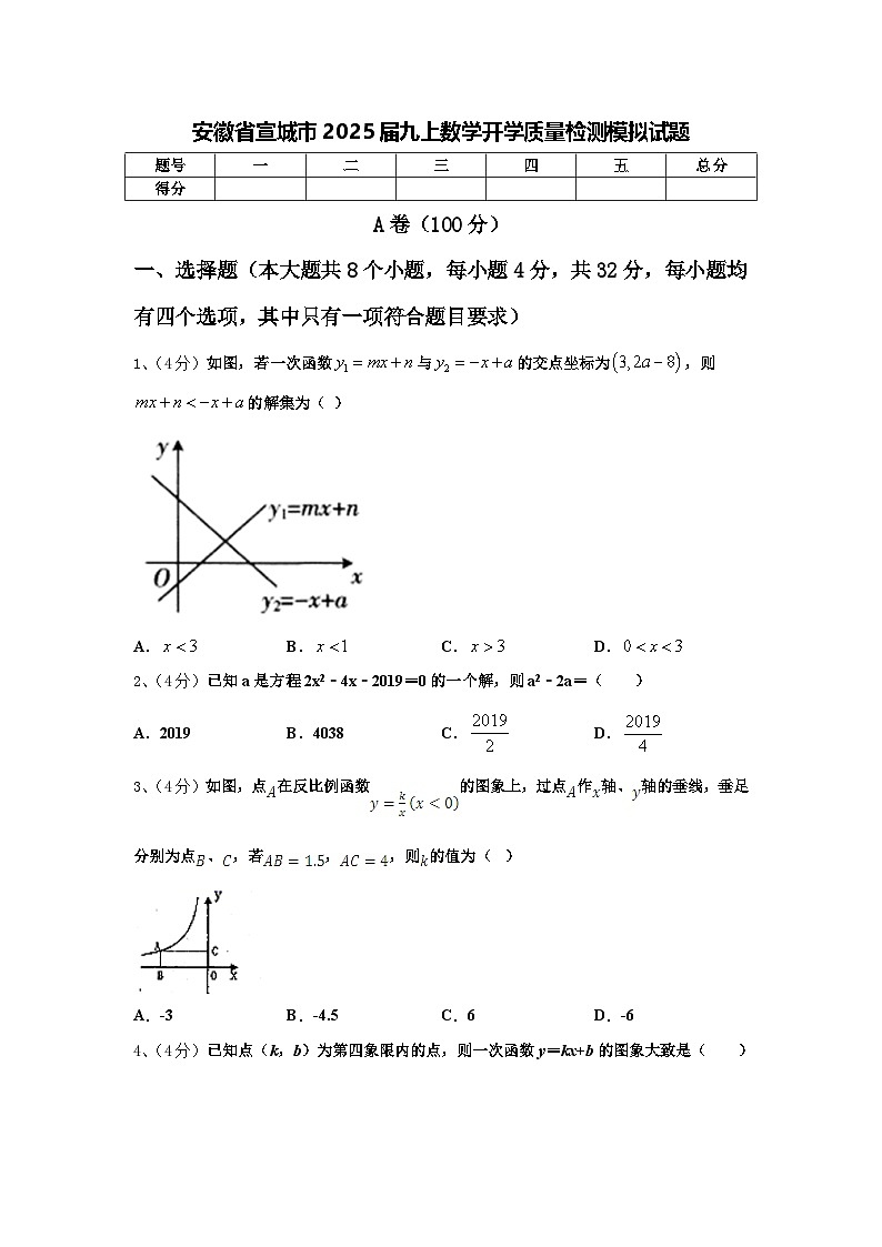 安徽省宣城市2025届九上数学开学质量检测模拟试题【含答案】01