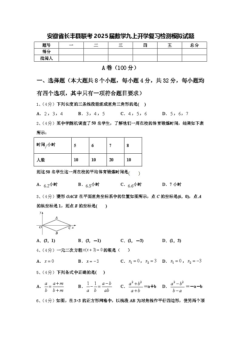 安徽省长丰县联考2025届数学九上开学复习检测模拟试题【含答案】第1页