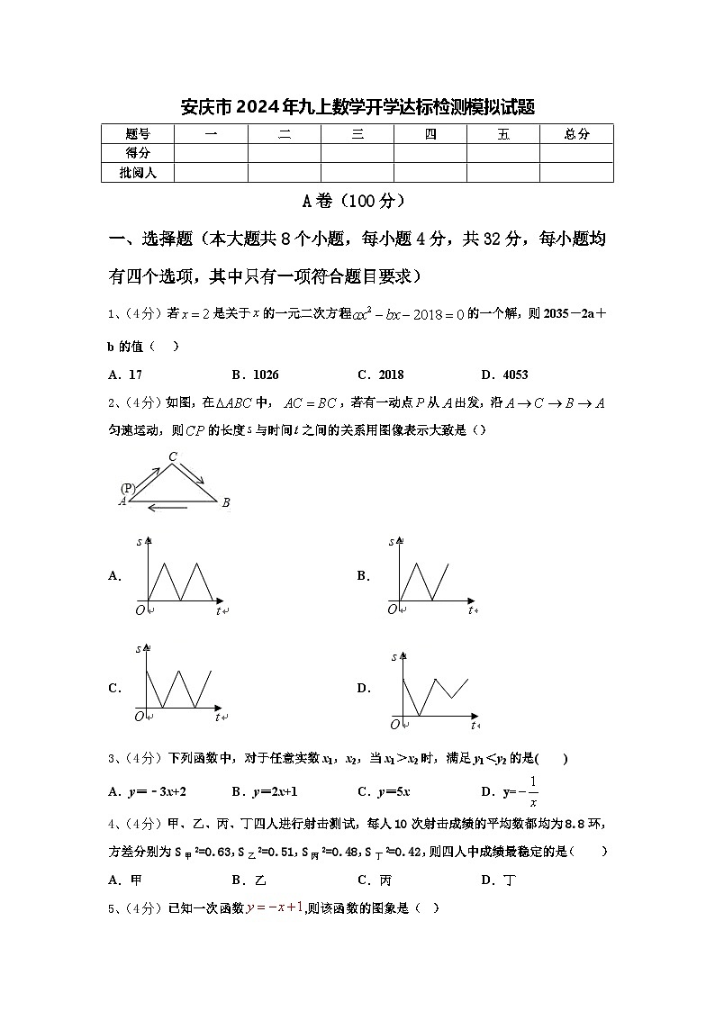 安庆市2024年九上数学开学达标检测模拟试题【含答案】01