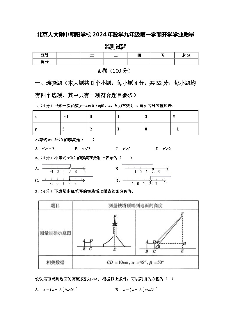 北京人大附中朝阳学校2024年数学九年级第一学期开学学业质量监测试题【含答案】第1页