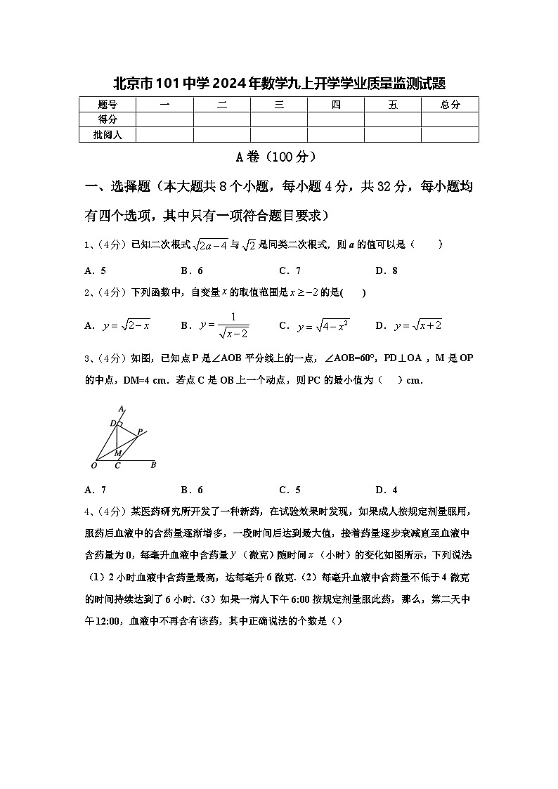 北京市101中学2024年数学九上开学学业质量监测试题【含答案】第1页