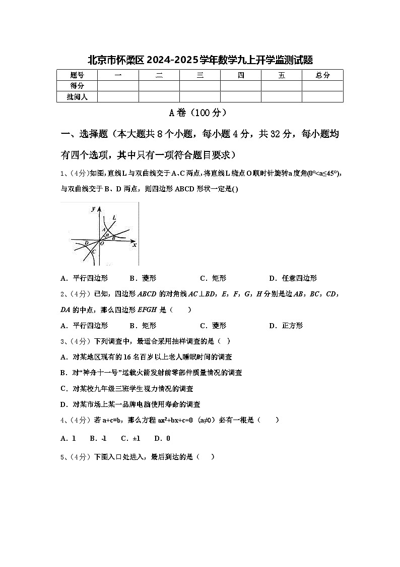 北京市怀柔区2024-2025学年数学九上开学监测试题【含答案】第1页