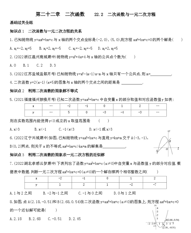 人教版数学九上22.2二次函数与一元二次方程练习（含解析）第1页