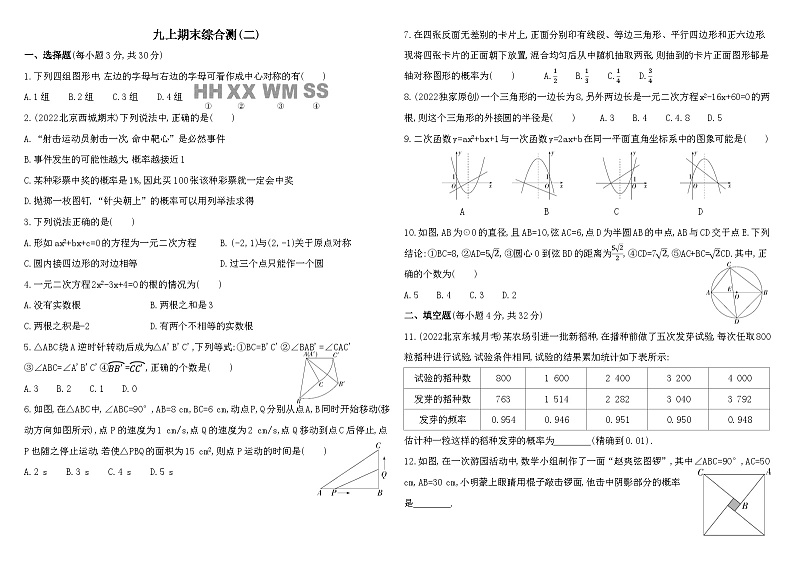 人教版数学九上03-九上数学期末综合测(二)练习（含解析）第1页