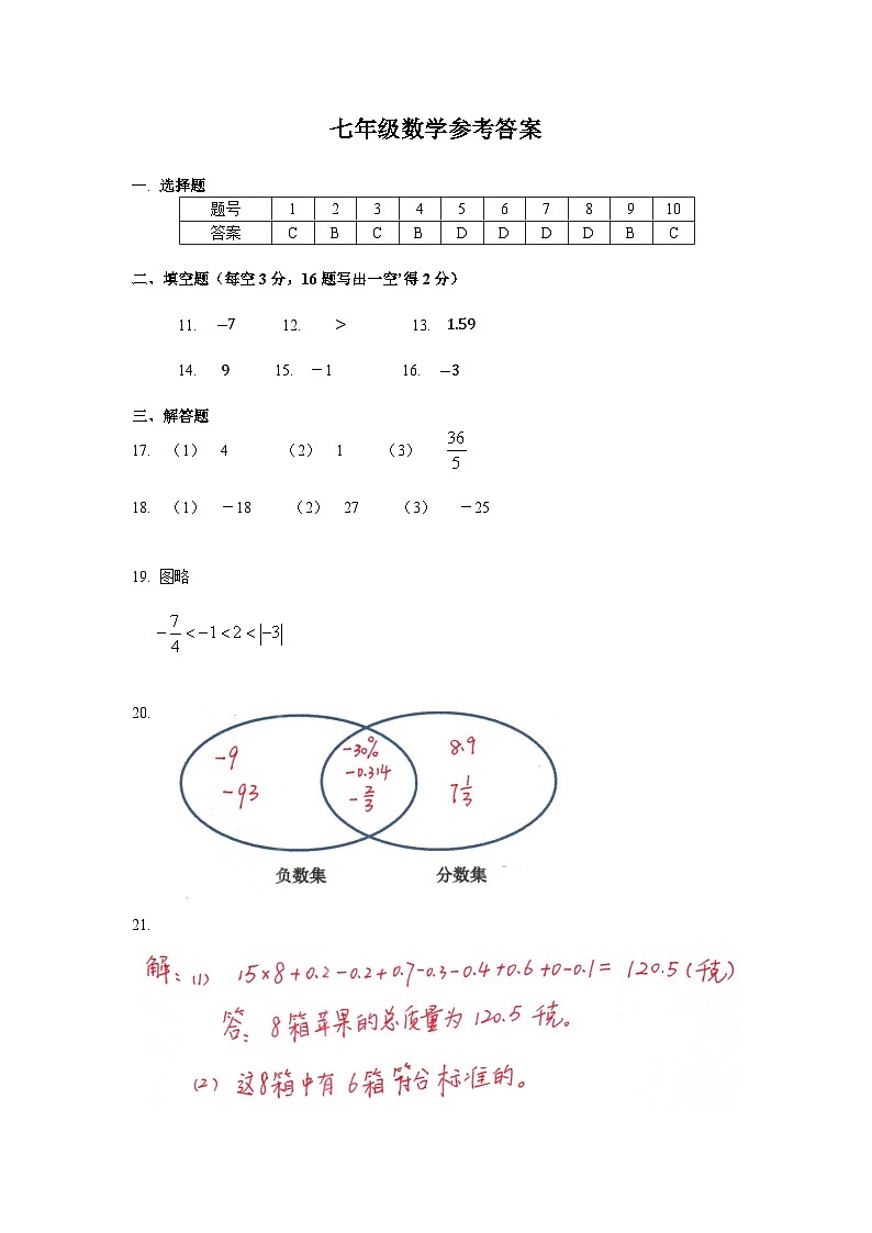 七年级数学参考答案第1页