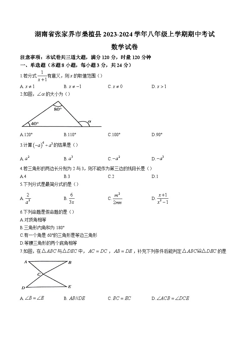 湖南省张家界市桑植县2023-2024学年八年级上学期期中考试数学试卷(含答案)第1页