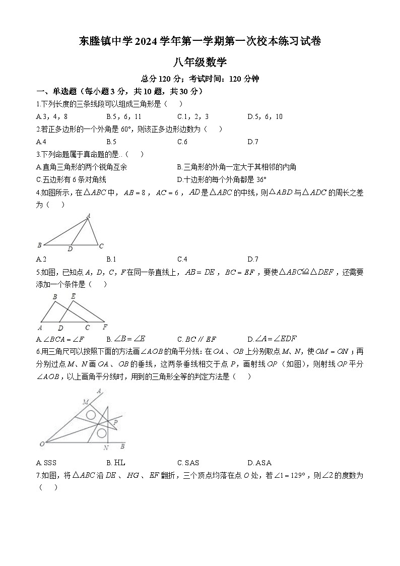 浙江省台州市临海市东塍镇中学2024-2025学年八年级上学期10月月考数学试题01
