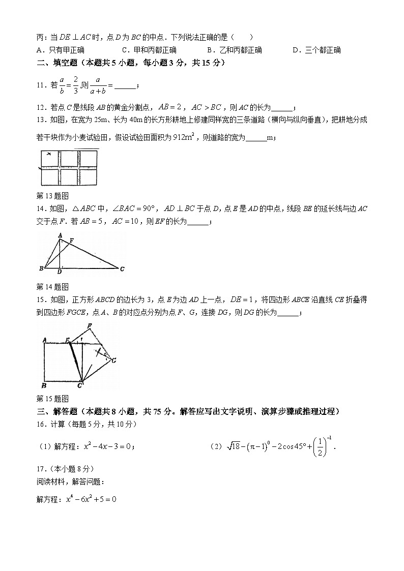 辽宁省沈阳市第四十三中学教育集团2024-2025学年九年级上学期第一次月考数学试题(无答案)第3页