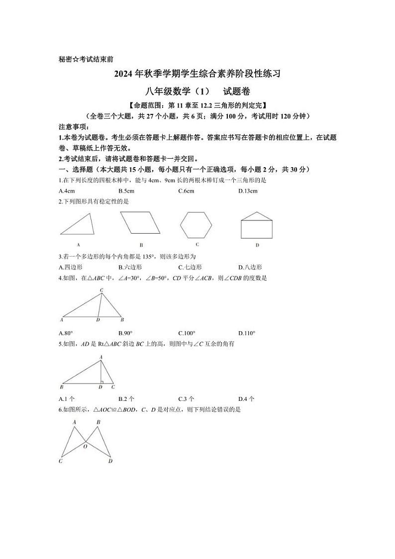 [数学]云南省昭通市昭阳区2024～2025学年八年级上学期10月月考试题(有答案)01