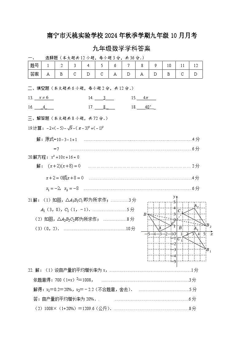 南宁市天桃实验学校2024年秋季学期九年级10月月考数学试题与答案01