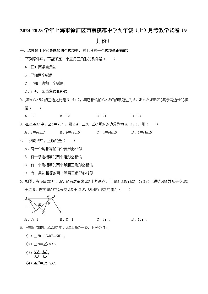 上海市徐汇区上海市西南模范中学2024-2025学年九年级上学期月考数学试卷（9月份）第1页