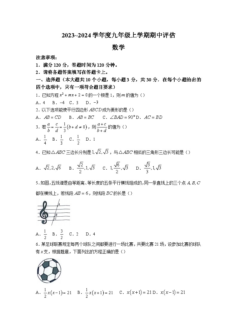 山西省运城市垣曲县2024届九年级上学期期中评估数学试卷(含答案)01