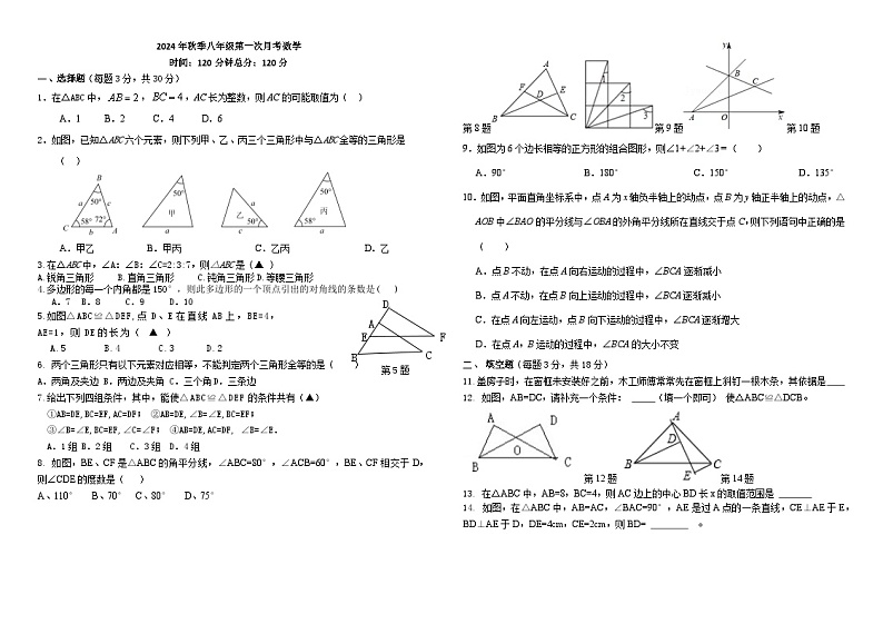 湖北省沙洋县纪山中学2024-2025学年八年级上学期第一次月考数学试卷第1页