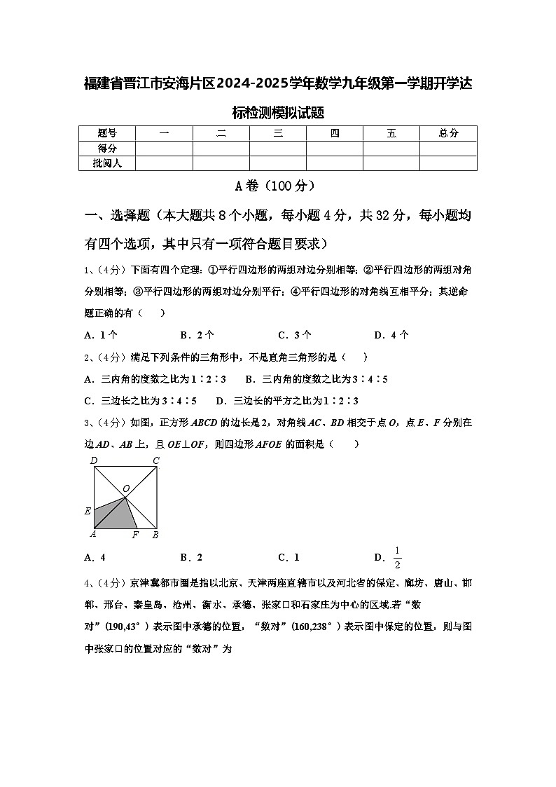 福建省晋江市安海片区2024-2025学年数学九年级第一学期开学达标检测模拟试题【含答案】01