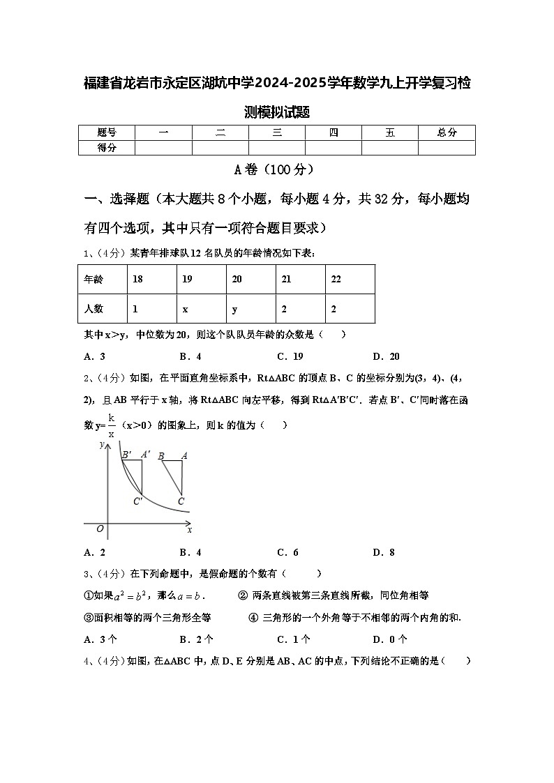 福建省龙岩市永定区湖坑中学2024-2025学年数学九上开学复习检测模拟试题【含答案】第1页