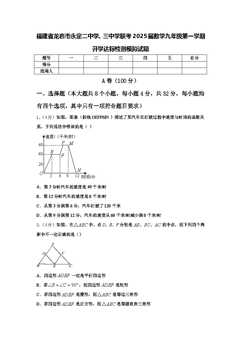 福建省龙岩市永定二中学、三中学联考2025届数学九年级第一学期开学达标检测模拟试题【含答案】01