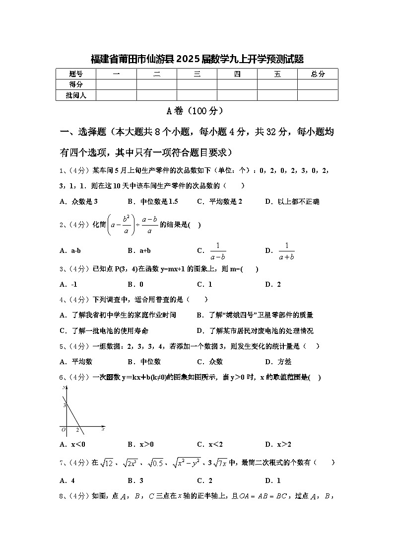 福建省莆田市仙游县2025届数学九上开学预测试题【含答案】01