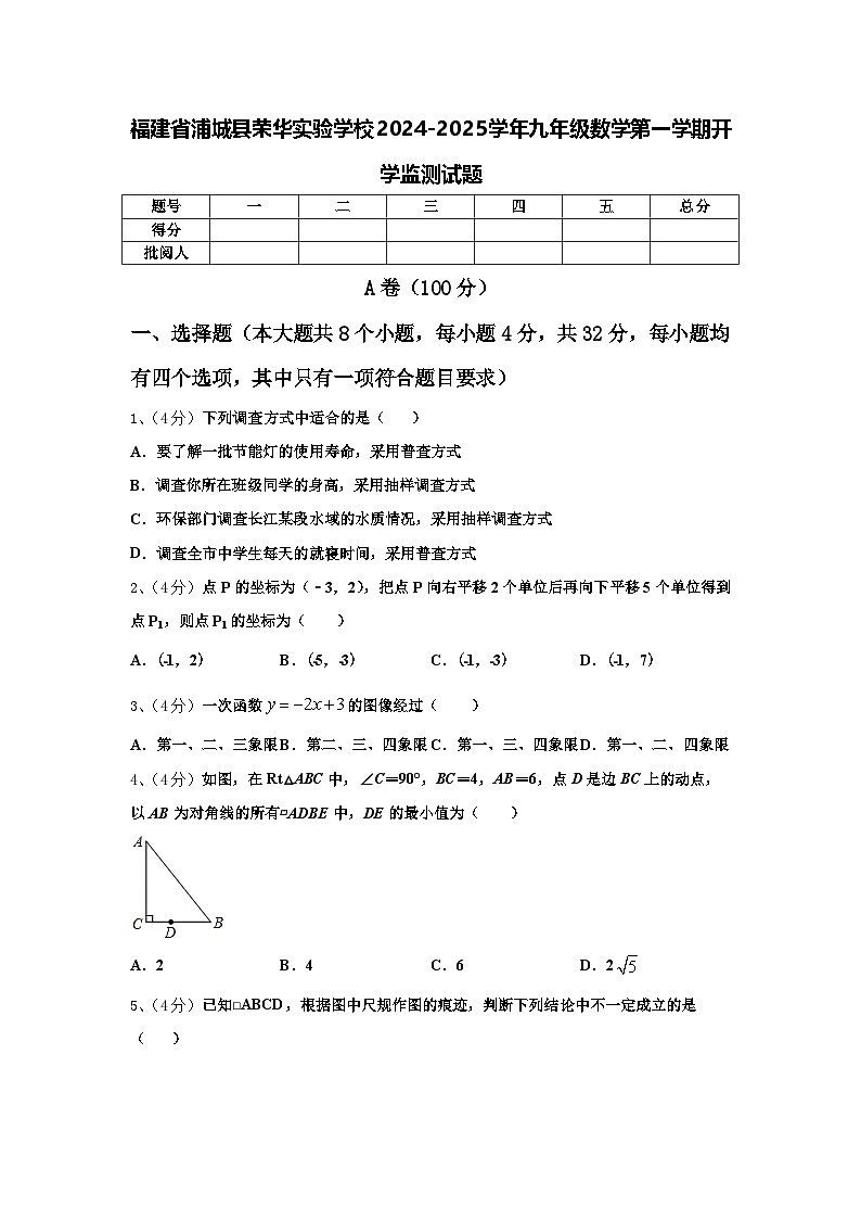 福建省浦城县荣华实验学校2024-2025学年九年级数学第一学期开学监测试题【含答案】01