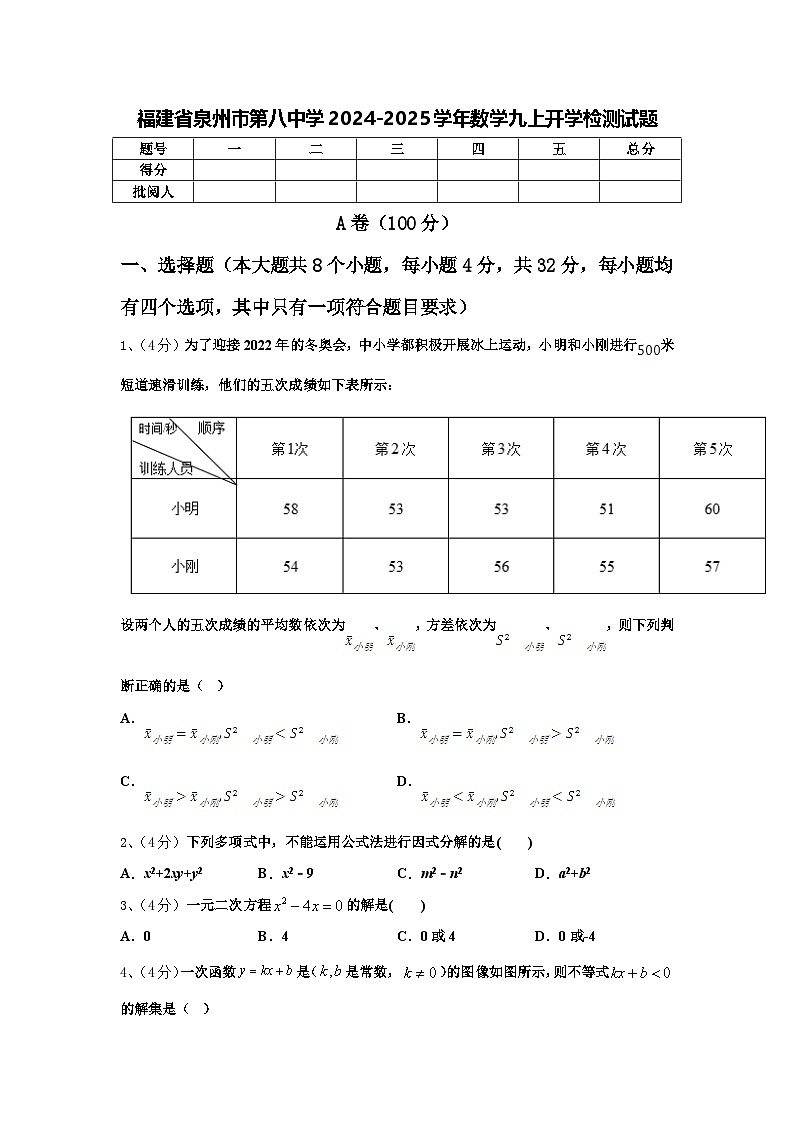 福建省泉州市第八中学2024-2025学年数学九上开学检测试题【含答案】01