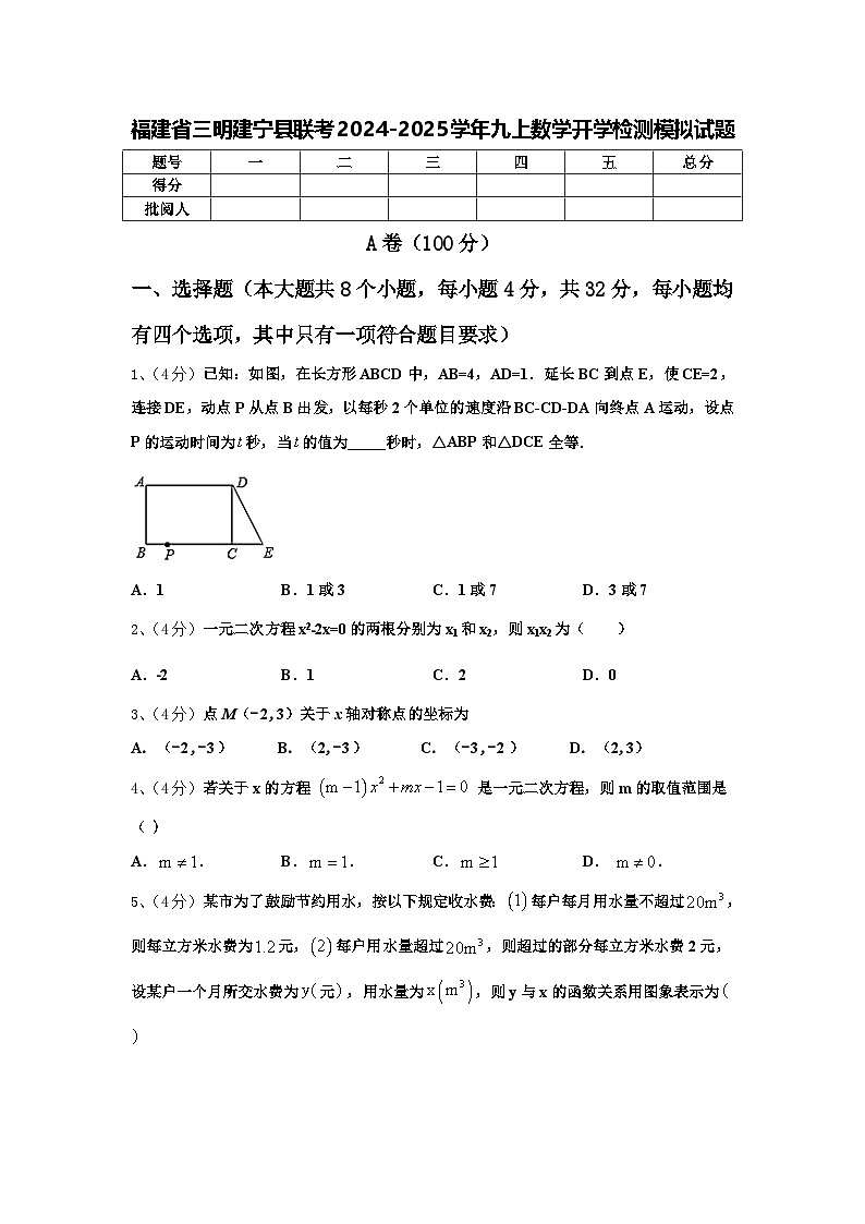 福建省三明建宁县联考2024-2025学年九上数学开学检测模拟试题【含答案】01