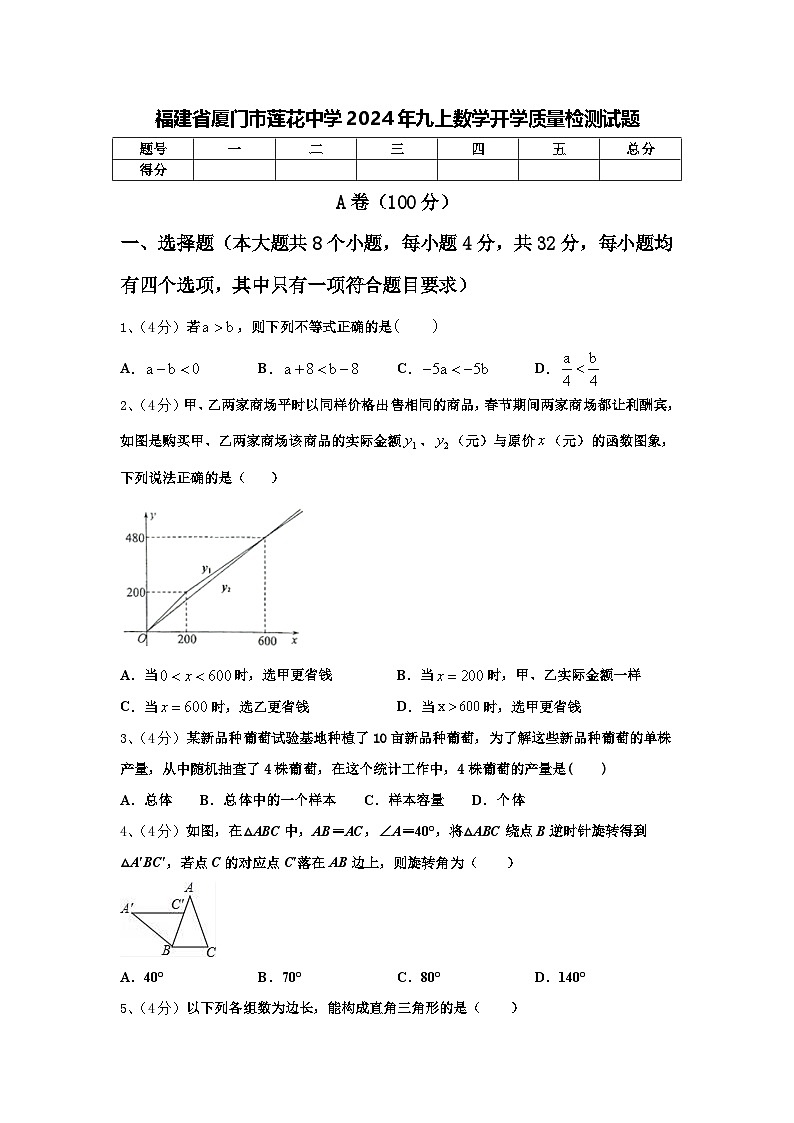 福建省厦门市莲花中学2024年九上数学开学质量检测试题【含答案】01