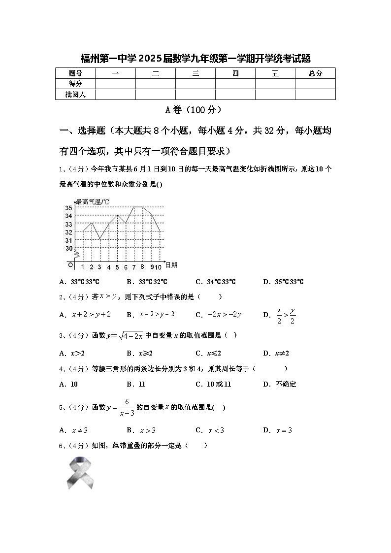 福州第一中学2025届数学九年级第一学期开学统考试题【含答案】01