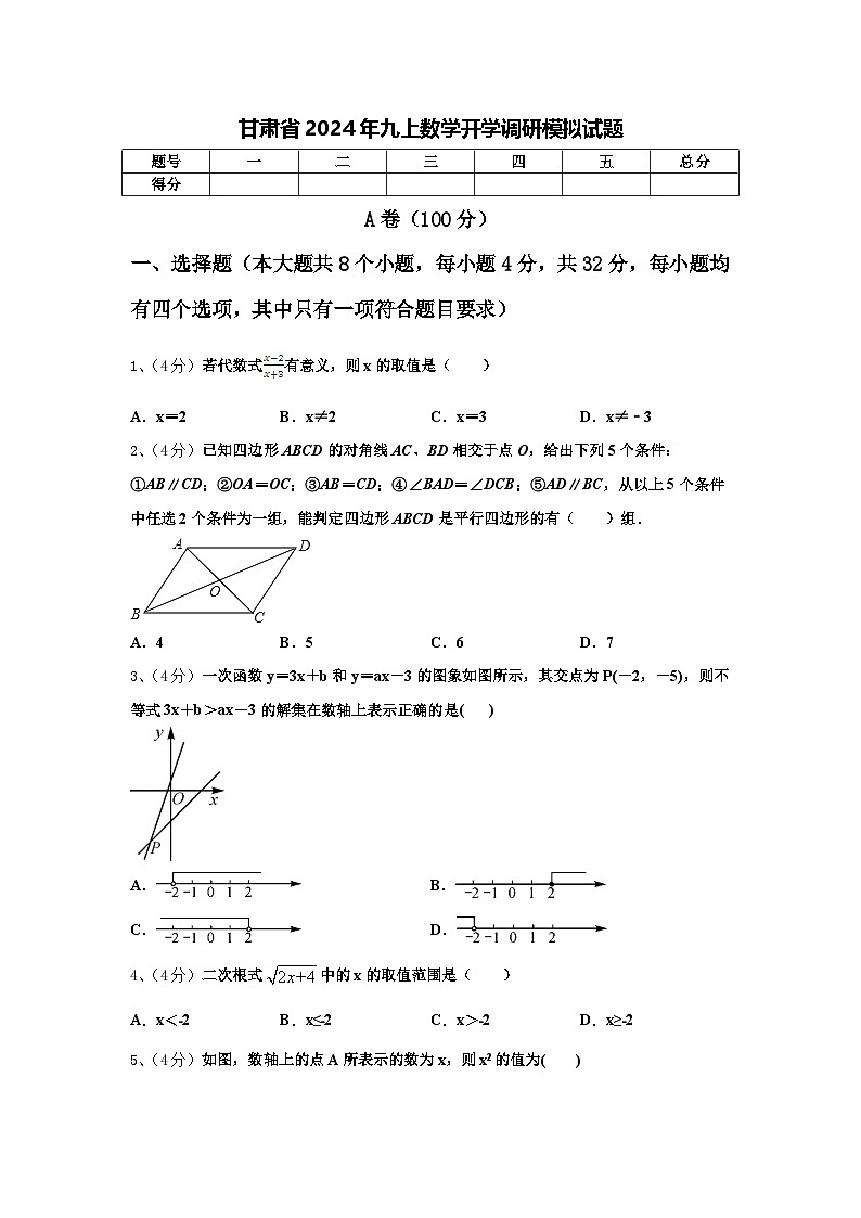 甘肃省2024年九上数学开学调研模拟试题【含答案】01