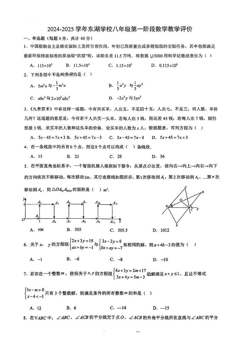 安徽省芜湖市东湖学校2024-2025学年八年级上学期10月月考数学试卷第1页