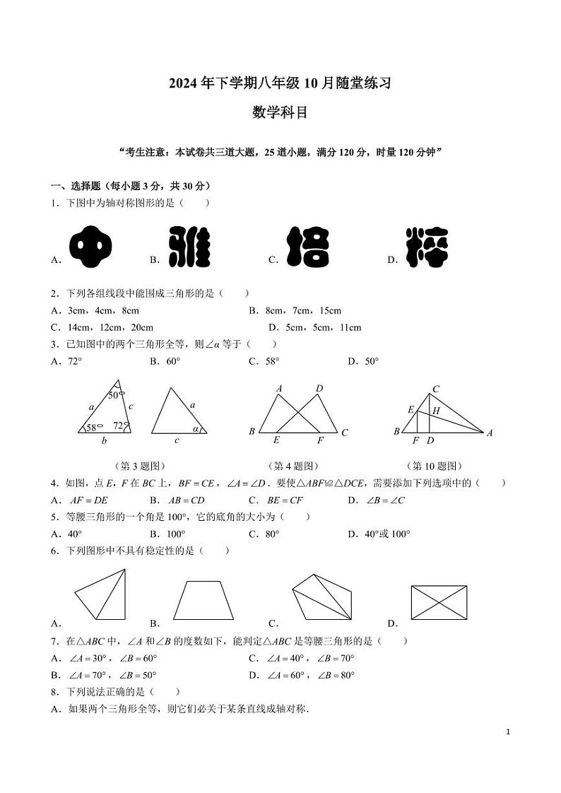 湖南省长沙市中雅中学2024-2025学年八年级上学期第一次月考数学试卷01