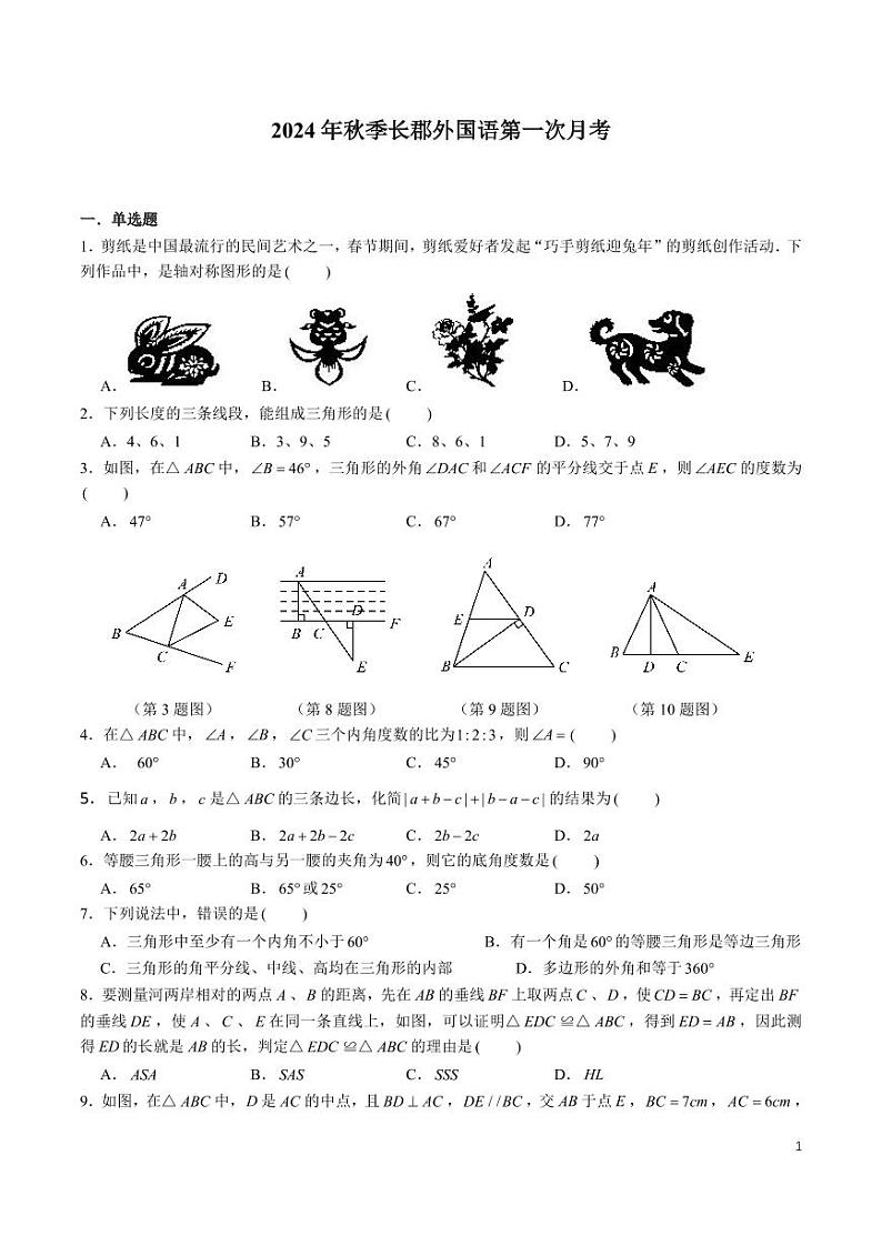 8-2024-2025-1长郡外国语八上第一次月考数学试卷01