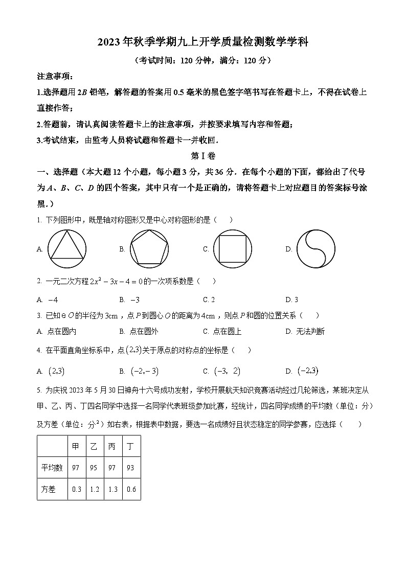 精品解析：广西南宁市新民中学2023-2024学年九年级上学期开学考试数学试题01