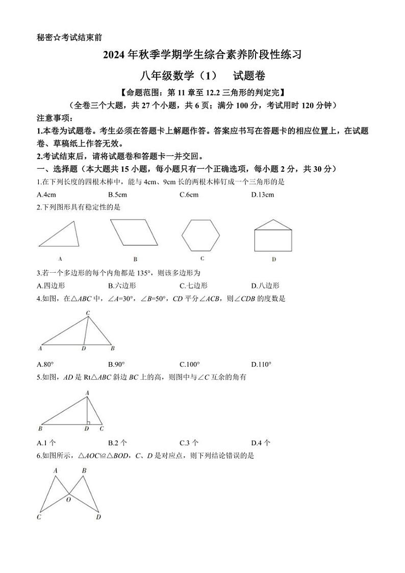 [数学]云南省昭通市昭阳区2024～2025学年八年级上学期10月月考试题(有答案)01