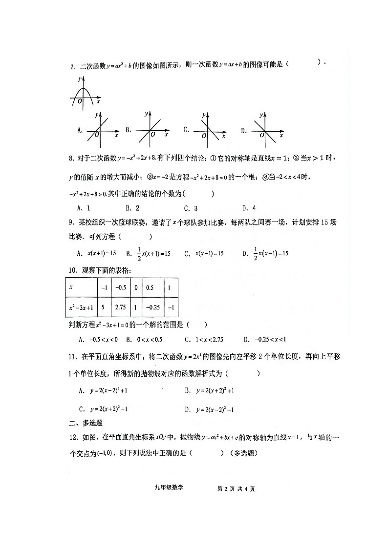 内蒙古乌兰察布市集宁区亿利东方学校长青校区2024—-2005学年上学期第一次月考九年级数学试题第2页