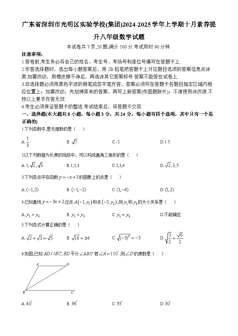 广东省深圳市光明区实验学校(集团)2024-2025学年上学期十月素养提升 八年级 数学试题 (无答案)第1页