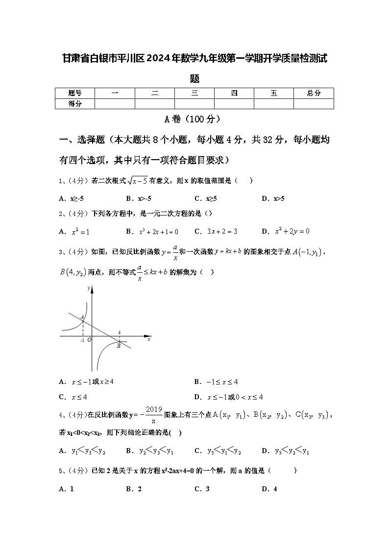 甘肃省白银市平川区2024年数学九年级第一学期开学质量检测试题【含答案】01