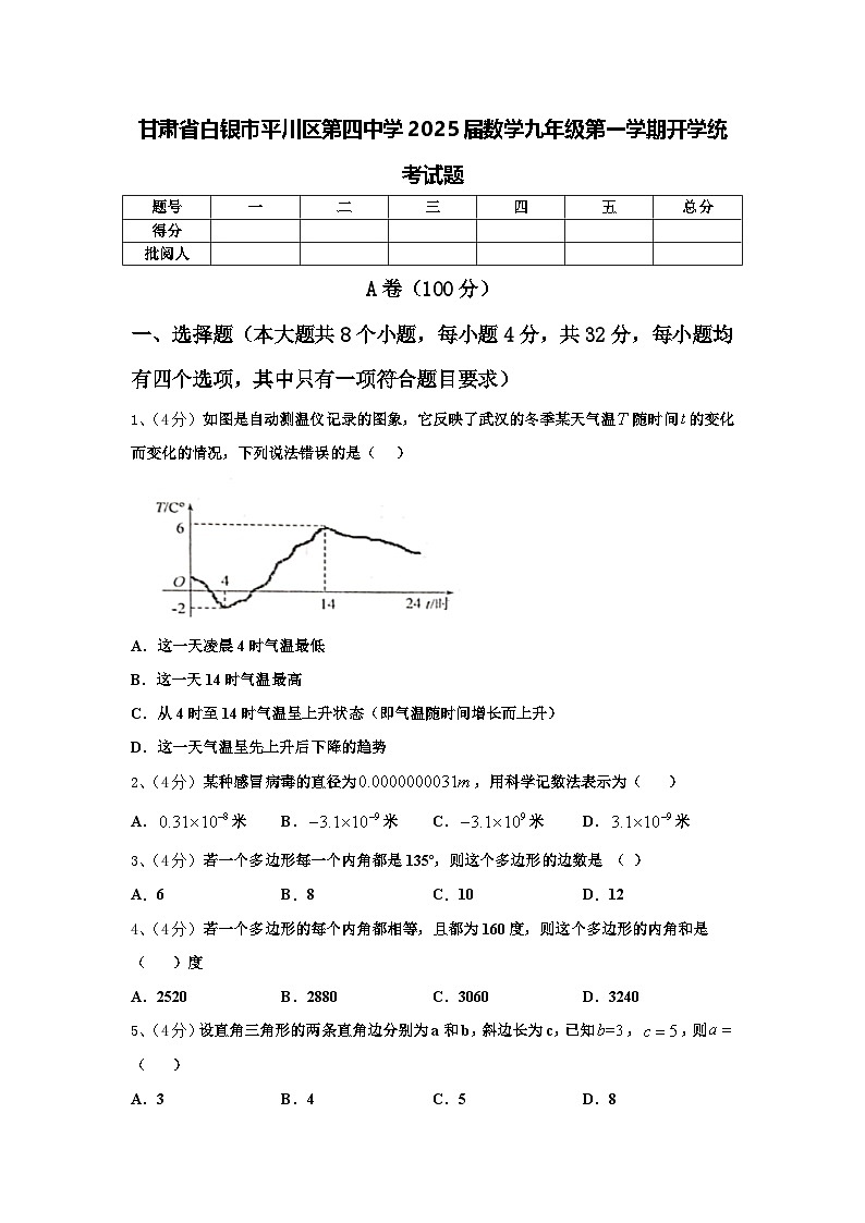甘肃省白银市平川区第四中学2025届数学九年级第一学期开学统考试题【含答案】01