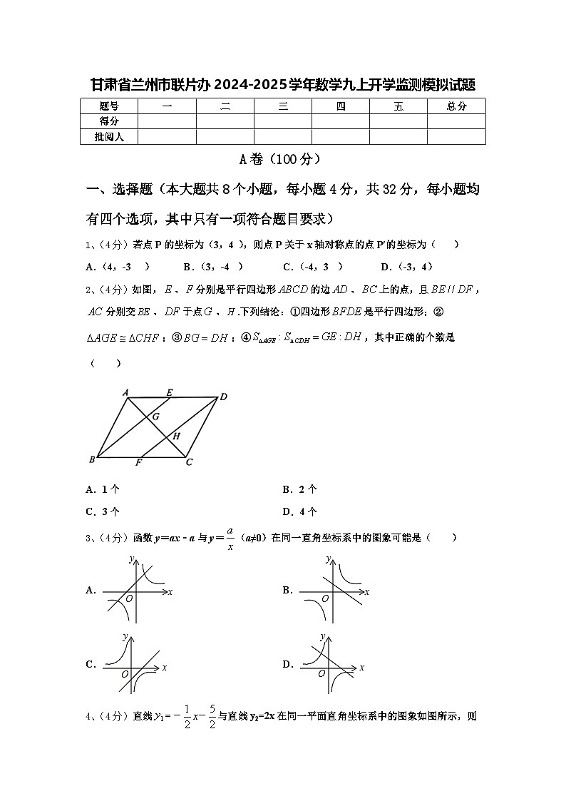 甘肃省兰州市联片办2024-2025学年数学九上开学监测模拟试题【含答案】第1页