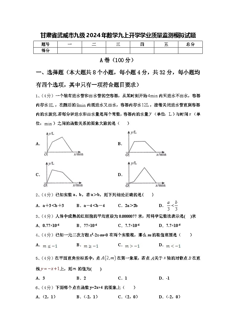甘肃省武威市九级2024年数学九上开学学业质量监测模拟试题【含答案】第1页