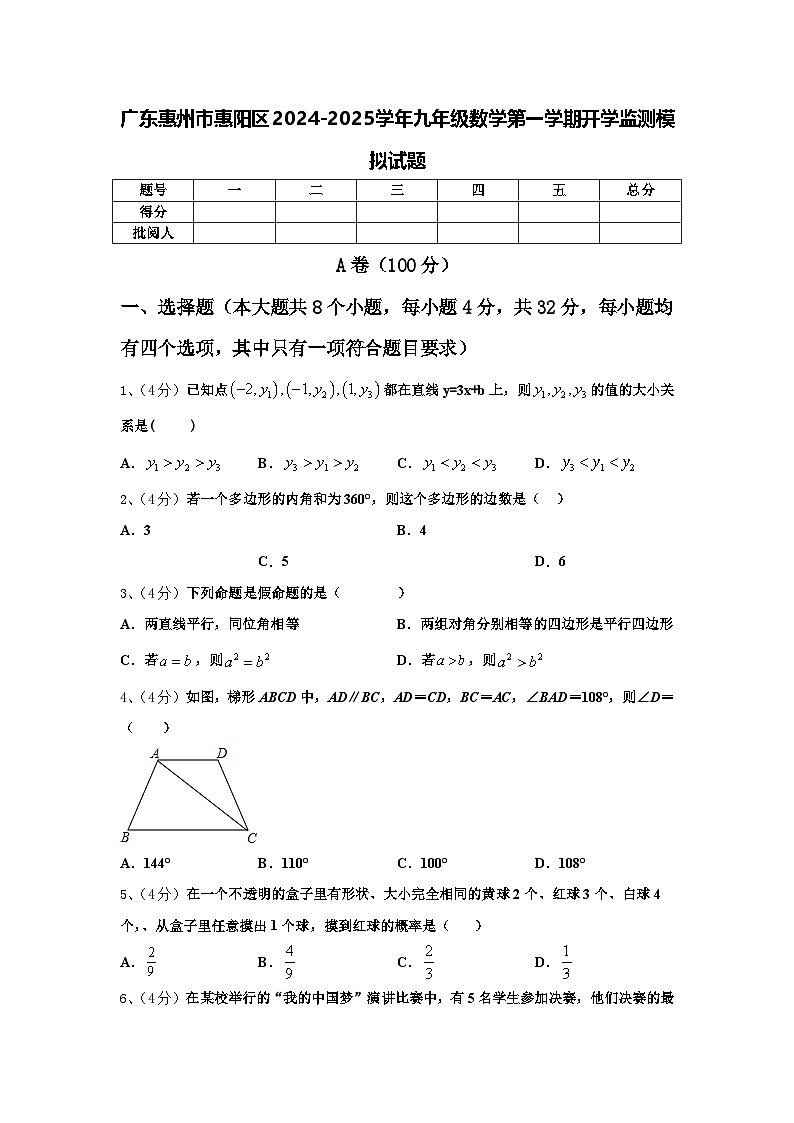 广东惠州市惠阳区2024-2025学年九年级数学第一学期开学监测模拟试题【含答案】第1页
