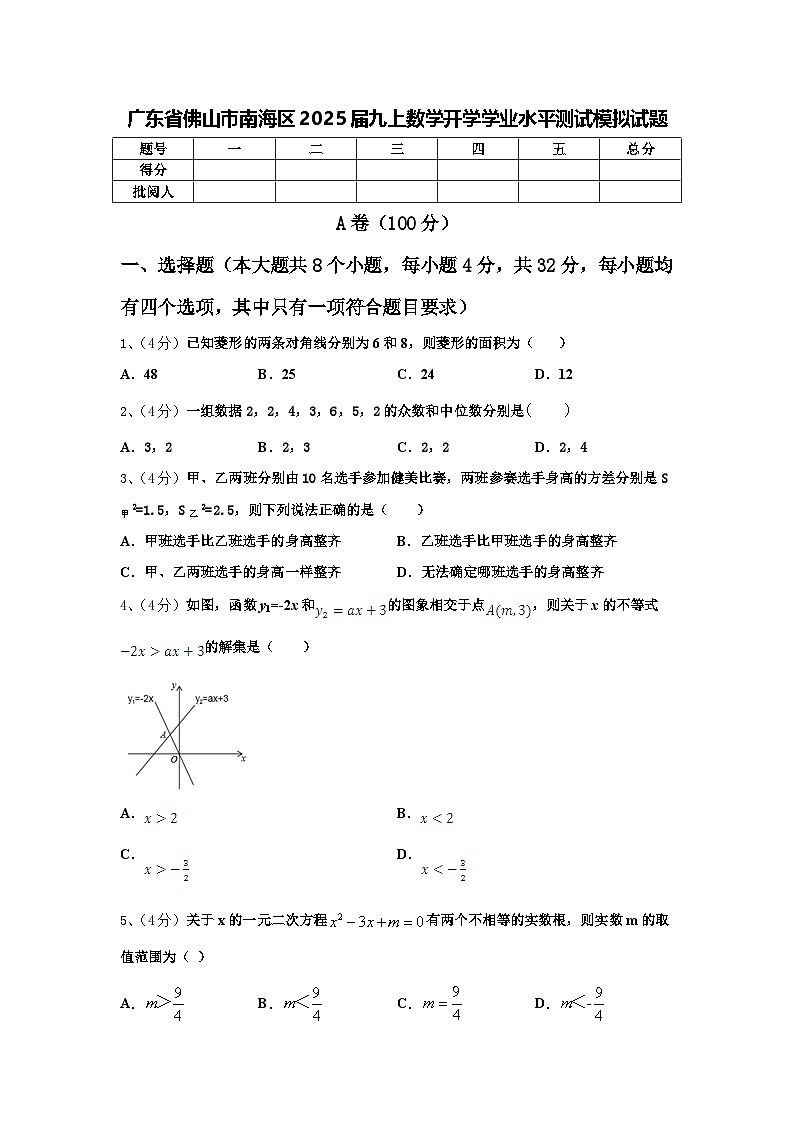 广东省佛山市南海区2025届九上数学开学学业水平测试模拟试题【含答案】第1页