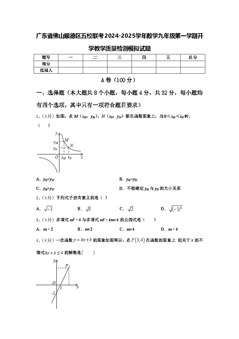 广东省佛山顺德区五校联考2024-2025学年数学九年级第一学期开学教学质量检测模拟试题【含答案】第1页
