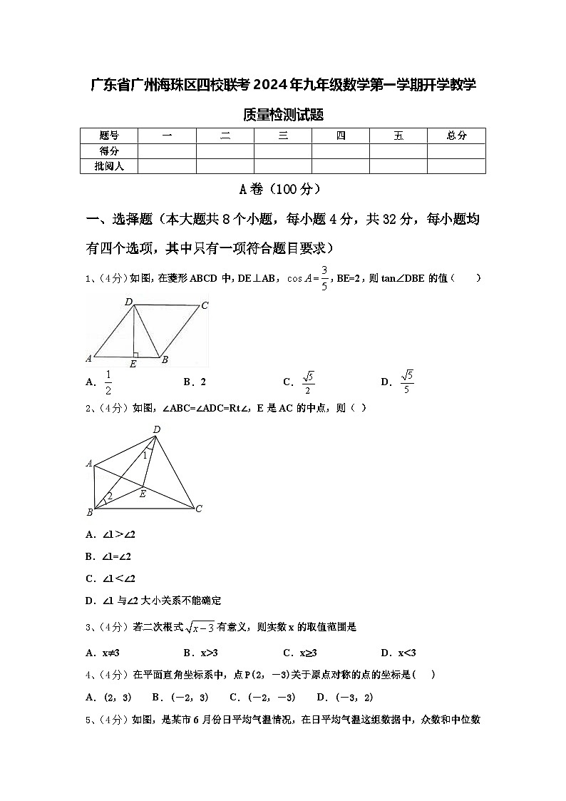 广东省广州海珠区四校联考2024年九年级数学第一学期开学教学质量检测试题【含答案】01