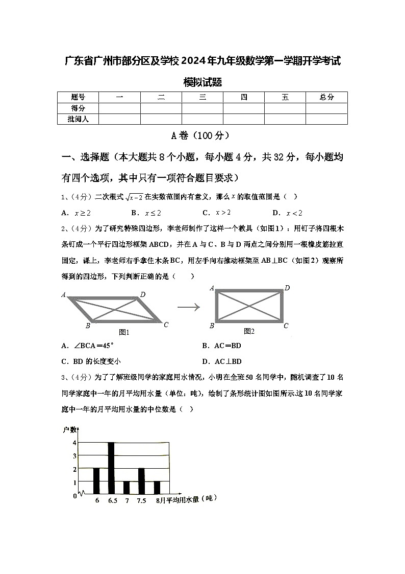 广东省广州市部分区及学校2024年九年级数学第一学期开学考试模拟试题【含答案】第1页