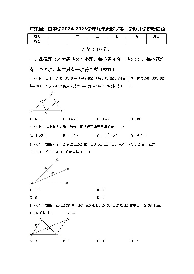 广东省河口中学2024-2025学年九年级数学第一学期开学统考试题【含答案】第1页