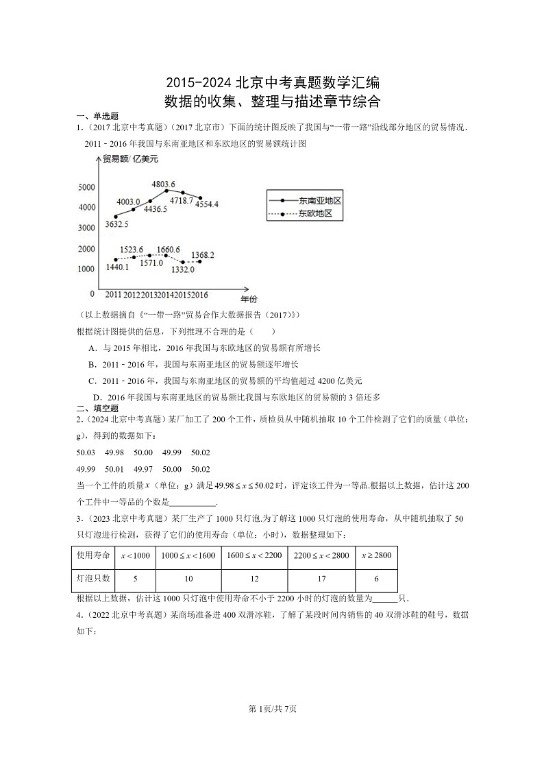 [数学]2015～2024北京中考真题真题分类汇编：数据的收集、整理与描述章节综合第1页